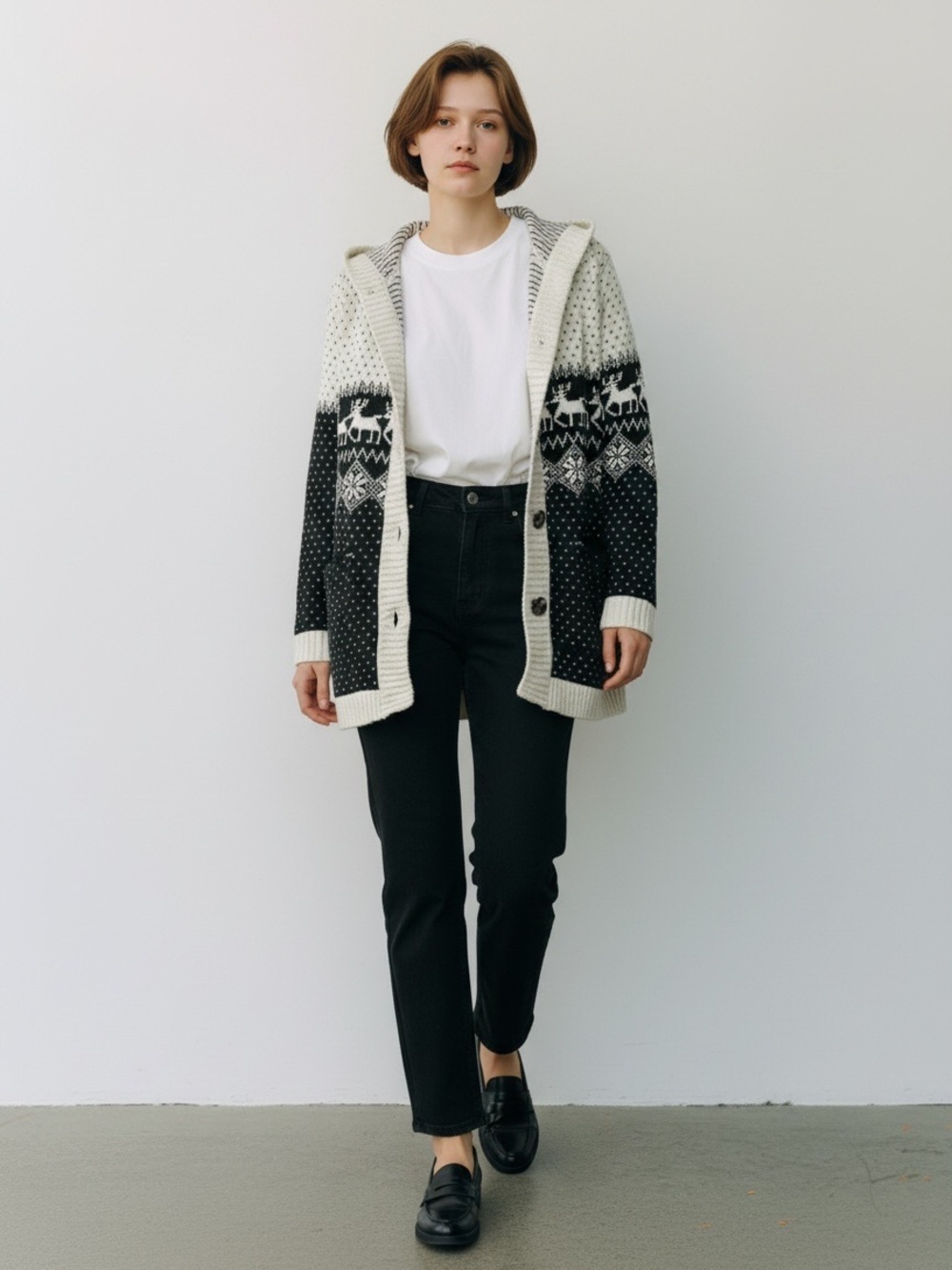 Hand Knit Cardigan Sweater Fair Isle Handmade Christmas Holiday Beige Black Smal